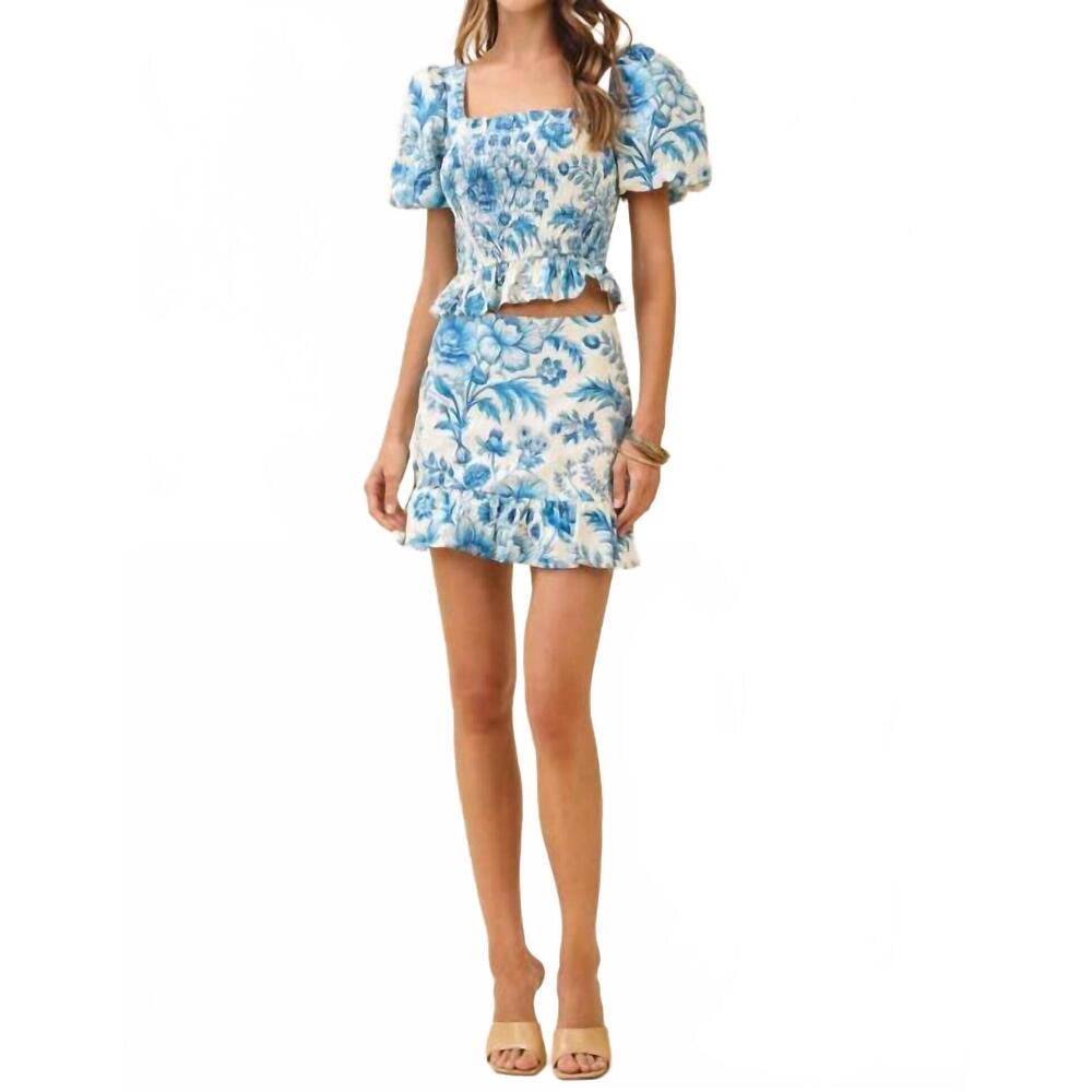 NEW TCEC floral print smocked bodice puff sleeves crop top in blue - Picture 6 of 6